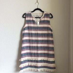 New Woven Cotton Blue and Pink Fringed Dress